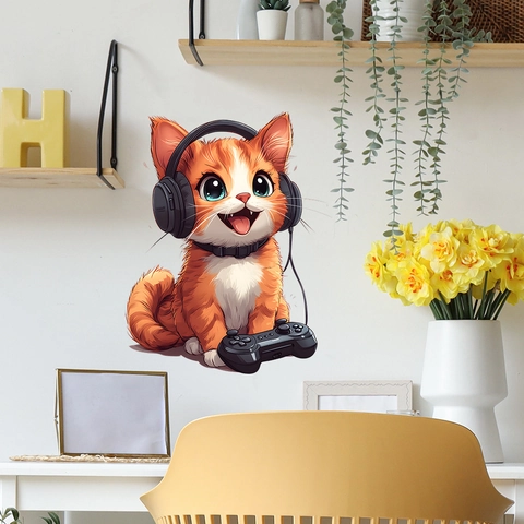 Cartoon Gamer Katze Wandaufkleber Mit Kopfhörern Und Controller PVC Selbstklebend Wasserdichtes Wandtattoo Für Gaming Zimmer