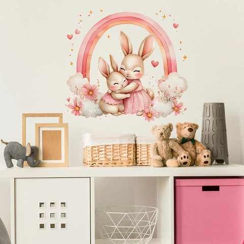 Mignons Autocollants Muraux Lapin Arc-en-ciel Dessin Animé PVC Amovible Auto-adhésif Décoration Pour Chambre D'enfant Filles Maison
