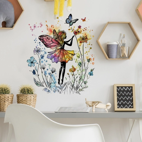 Vinilo Decorativo Hada Mariposa Acuarela PVC Removible Flor Elfo Calcomanía de Pared Para Dormitorio HY-F501
