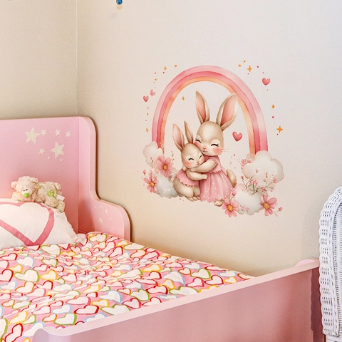 Mignons Autocollants Muraux Lapin Arc-en-ciel Dessin Animé PVC Amovible Auto-adhésif Décoration Pour Chambre D'enfant Filles Maison