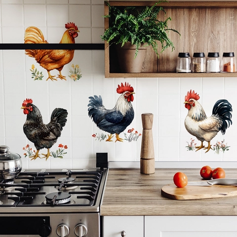 Rural Rooster PVC Wall Stickers For Kitchen Dining Room Refrigerator Decor Rooster Patterns Self Adhesive Removable Decals