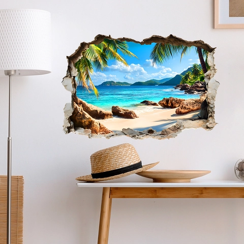 3D Brucheffekt Tropischer Strand Wandtattoo PVC Palmbaum Landschaft Aufkleber Für Wohnzimmer Schlafzimmer Deko