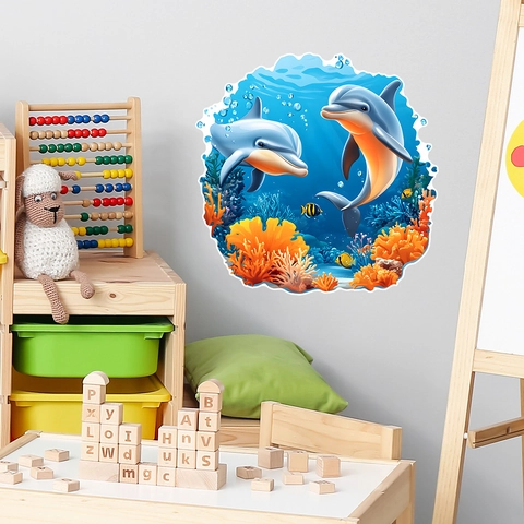 Adesivo da Parete 3D Delfino Mondo Oceanico PVC Autoadesivo Rimovibile Sottomarino Barriera Corallina Per Camera Bambini