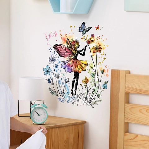Vinilo Decorativo Hada Mariposa Acuarela PVC Removible Flor Elfo Calcomanía de Pared Para Dormitorio HY-F501