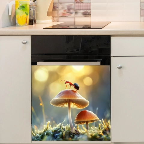 Makro Natur Ameise Auf Pilz PVC Aufkleber Für Küche Spülmaschine Ofen Schrank Selbstklebend Wasserfest Deko Aufkleber