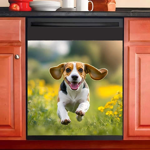 Adesivo Decorativo per Lavastoviglie da Cucina Con Cane Beagle Tra i Fiori di Colza Adesivo in PVC Impermeabile per Pareti