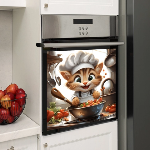 Adesivo da Parete Cucina Gatto Chef Cartone Animato Decalcomania Rimovibile per Frigorifero Lavastoviglie Forno Decorazione Casa