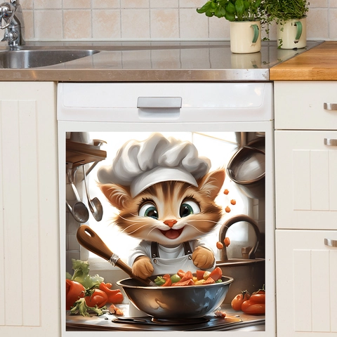 Adesivo da Parete Cucina Gatto Chef Cartone Animato Decalcomania Rimovibile per Frigorifero Lavastoviglie Forno Decorazione Casa