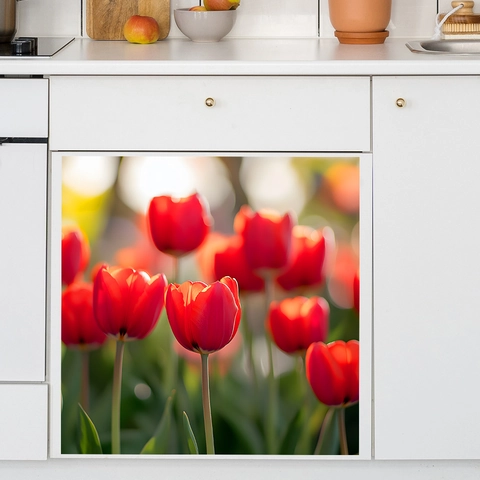 Rote Tulpe Blume Küchenschrank Wandaufkleber PVC Selbstklebend Spülmaschine Kühlschrank Dekor Modern Wasserdicht Floral Dekor