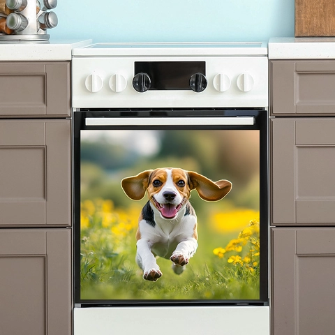 Adesivo Decorativo per Lavastoviglie da Cucina Con Cane Beagle Tra i Fiori di Colza Adesivo in PVC Impermeabile per Pareti