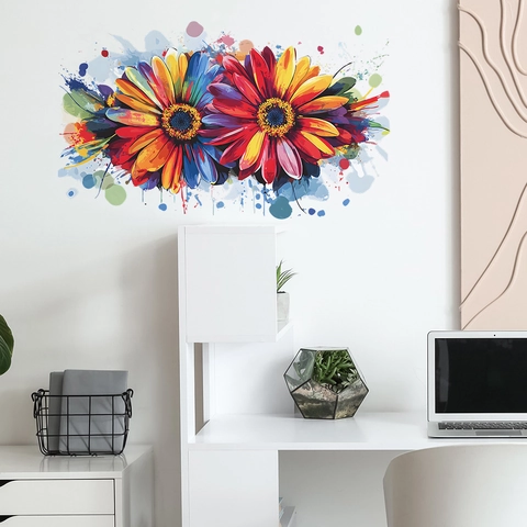 Aquarell Blume Wandtattoo Bunt Sonnenblume Gänseblümchen Splash Effekt PVC Selbstklebend Abnehmbar Schlafzimmer Wandaufkleber