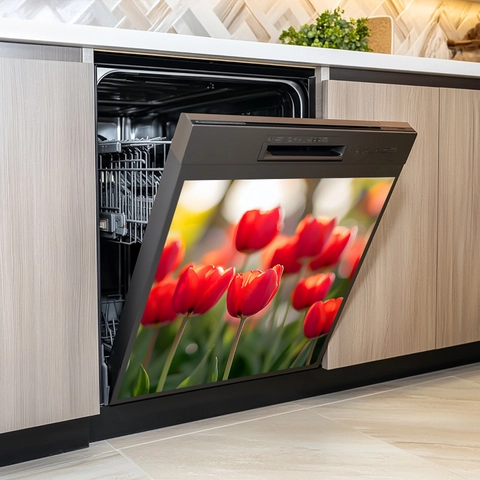 Rote Tulpe Blume Küchenschrank Wandaufkleber PVC Selbstklebend Spülmaschine Kühlschrank Dekor Modern Wasserdicht Floral Dekor