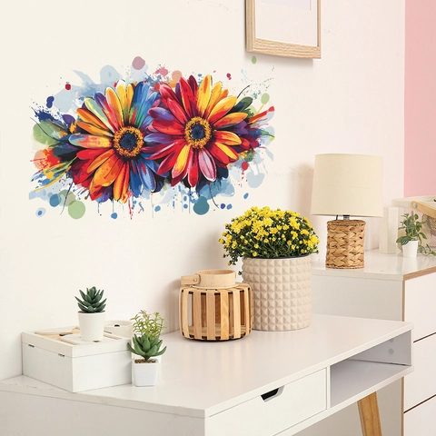 Aquarell Blume Wandtattoo Bunt Sonnenblume Gänseblümchen Splash Effekt PVC Selbstklebend Abnehmbar Schlafzimmer Wandaufkleber