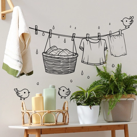 Moderner Minimalistischer Waschküche Wandaufkleber Ablösbar PVC Schwarz Linienkunst Wäscheleine Vögel Korb DIY Wanddeko