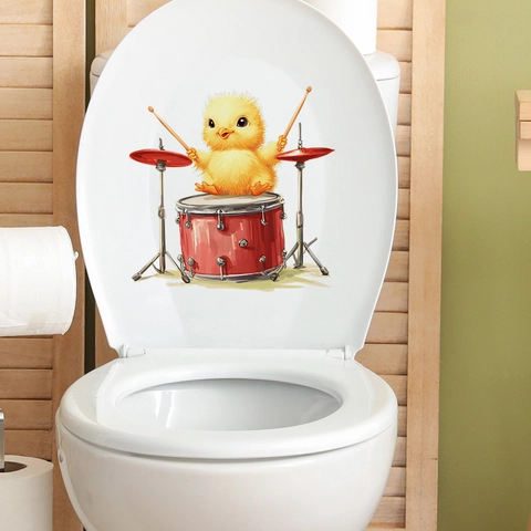 Pegatina para Inodoro Pollo de Dibujos Animados Tocando la Batería PVC Impermeable Pegatina de Pared Removible para Baño