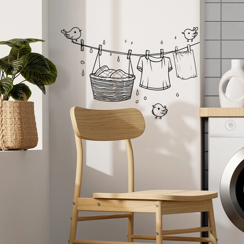 Modern Minimalist Laundry Room Wall Sticker Removable PVC Black Line Art Clothesline Birds Basket DIY Home Mural Decor