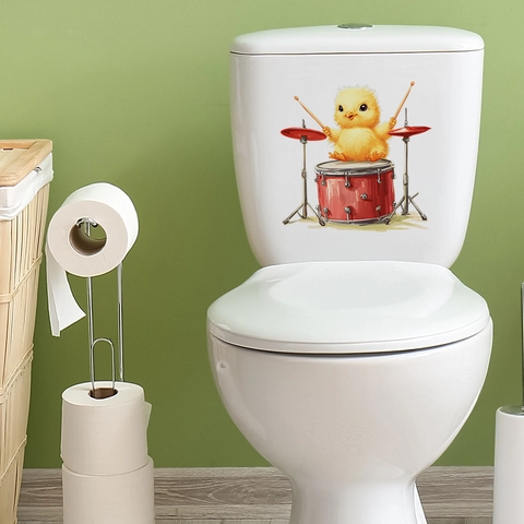 Pegatina para Inodoro Pollo de Dibujos Animados Tocando la Batería PVC Impermeable Pegatina de Pared Removible para Baño