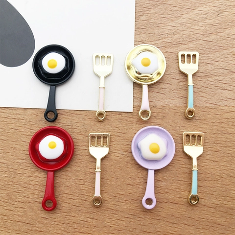 Simulation Fried Egg Frying Pan Spatula Mini Pendant Alloy Enamel Cartoon Kitchenware Charm For DIY Earring Necklace Jewelry Making