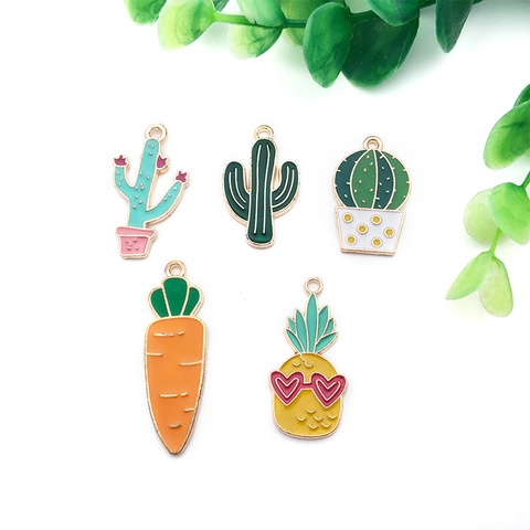 Cartoon Enamel Zinc Alloy Plant Pendants Cactus Pineapple Carrot Shapes For DIY Bracelet Necklace Jewelry Making Accessory