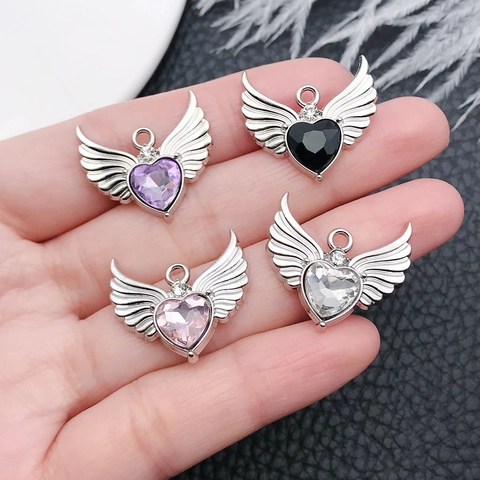 Alloy Angel Heart Wings Pendant Charm With Heart Shaped Zirconia DIY Jewelry Findings For Necklace Bracelet Women Accessories