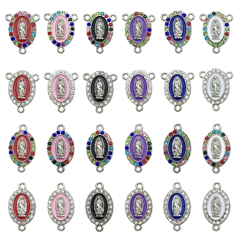 Pendentifs Religieux Vierge Marie Ovale en Alliage Strass Émail Connecteur Madone pour la Fabrication de Bijoux DIY