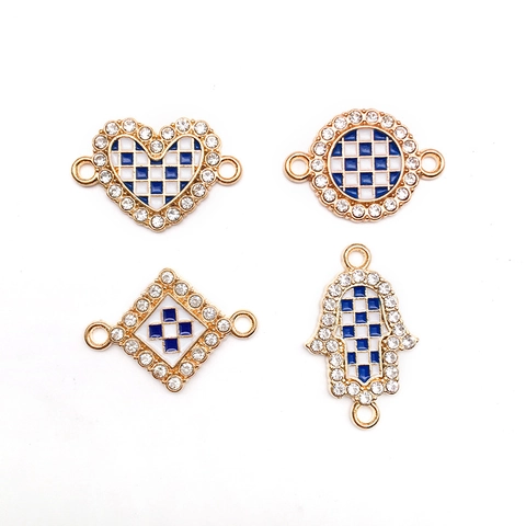 Connettori per Gioielli in Lega Smalto a Scacchi Blu Bianchi Cuore Mano di Fatima Tondi Rombi Con Strass Fai da Te