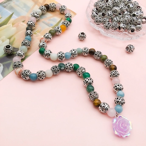 Vintage Alloy Hollow Large Hole Beads For DIY Jewelry Making Bracelet Necklace Antique Silver Floral Heart Pattern Spacer Beads