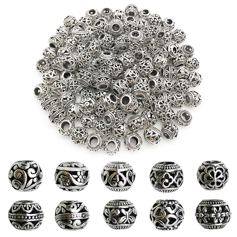 Vintage Alloy Hollow Large Hole Beads For DIY Jewelry Making Bracelet Necklace Antique Silver Floral Heart Pattern Spacer Beads