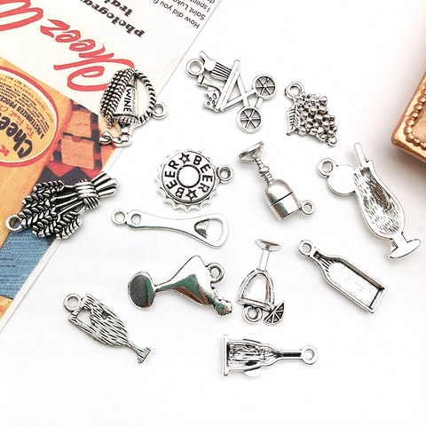 Antique Silver Zinc Alloy Wine Bottle Glass Grape Charms Set For DIY Jewelry Making Necklaces Bracelets Keychains Retro Pendants