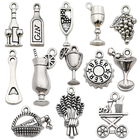 Antique Silver Zinc Alloy Wine Bottle Glass Grape Charms Set For DIY Jewelry Making Necklaces Bracelets Keychains Retro Pendants