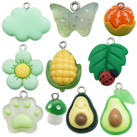 Green Resin Charms Mixed Avocado Butterfly Mushroom Cat Paw Shapes For DIY Jewelry Making Keychain Pendant Accessories