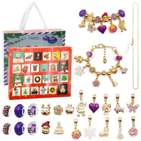Natale 24 Giorni Conto alla Rovescia Calendario dell'Avvento DIY Set Gioielli Perle Viola Pendenti Bracciali Oro Argento Regalo Bambini