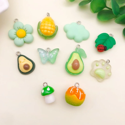 Green Resin Charms Mixed Avocado Butterfly Mushroom Cat Paw Shapes For DIY Jewelry Making Keychain Pendant Accessories