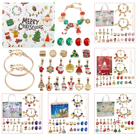 Kerst Adventskalender Countdown Blind Box DIY Armband Maken Kit Met Legering Bedeltjes Koperen Ketting Kerstcadeau Voor Meisjes