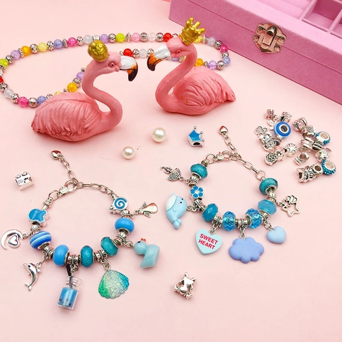 Kit de Fabrication de Bijoux DIY pour Enfants Perles Breloques Bracelets Colliers Avec Boîte à Bijoux Rose et Sac Cadeau