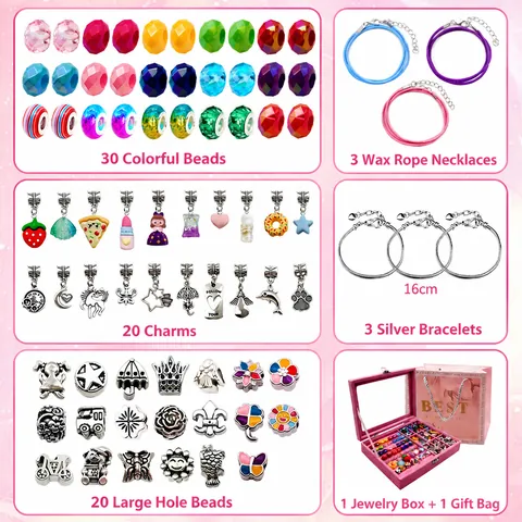 DIY Charm Armband Maken Kit Voor Meisjes Kleurrijke Kralen Legering Hanger Ketting Sieradenset Met Roze Fluwelen Doos En Cadeauzakje