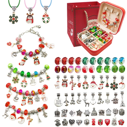 Kerst DIY Armband Ketting Maakset Zinklegering Bedels Hars Kralen Met Opbergdoos Cadeautas Voor Meisjes Vrouwen Sieraden