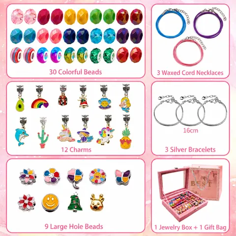 Kinder DIY Schmuck Bastelset Kupfer Zinklegierung Perlen Anhänger Armband Halskette Rosa Samtbox Geschenktüte Einhorn Thema Mädchen Schmuck Geschenk