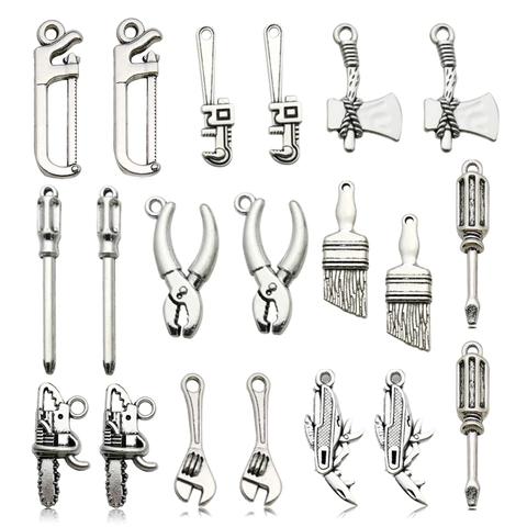 Antique Silver Alloy Tool Charms For DIY Jewelry Making Wrench Screwdriver Axe Saw Pliers Pendants For Keychain Bracelet Necklace