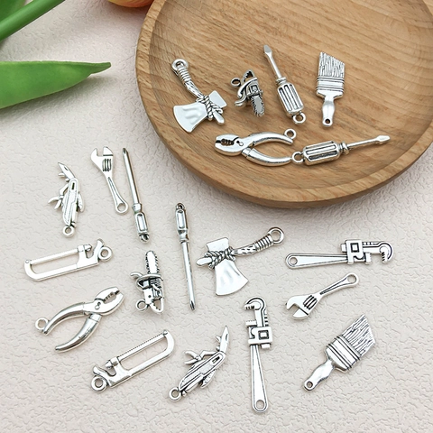 Antique Silver Alloy Tool Charms For DIY Jewelry Making Wrench Screwdriver Axe Saw Pliers Pendants For Keychain Bracelet Necklace
