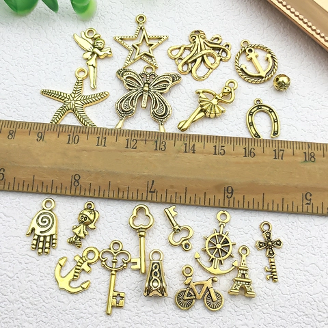 Vintage Zinc Alloy Gold Charms Pendants For DIY Jewelry Making Butterfly Starfish Key Anchor Charms For Bracelet Necklace