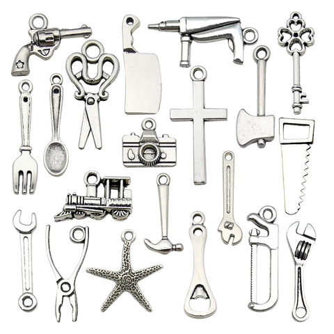 Retro Antique Silver Zinc Alloy Charms For DIY Jewelry Making Tools Cross Camera Train Starfish Pendant Accessories
