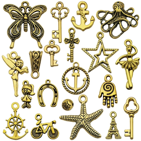 Vintage Zinc Alloy Gold Charms Pendants For DIY Jewelry Making Butterfly Starfish Key Anchor Charms For Bracelet Necklace