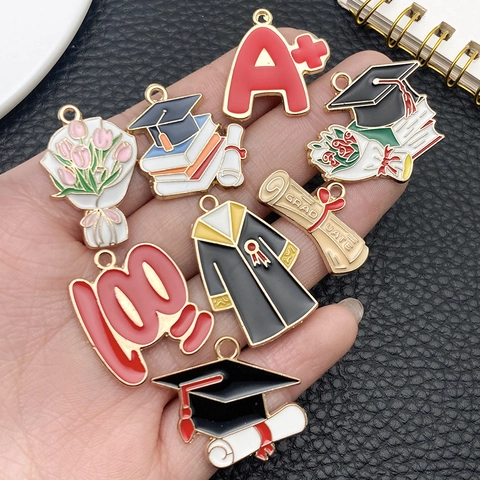 Alloy Enamel Graduation Theme Pendants Scholar Cap Academic Gown Diploma Charms For DIY Jewelry Making Academic Accessories
