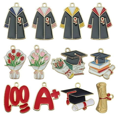 Alloy Enamel Graduation Theme Pendants Scholar Cap Academic Gown Diploma Charms For DIY Jewelry Making Academic Accessories