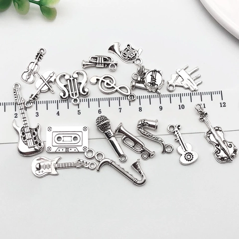 Antique Silver Musical Instrument Charms Alloy Guitar Violin Piano Saxophone Treble Clef Pendants For DIY Jewelry Making Accessories