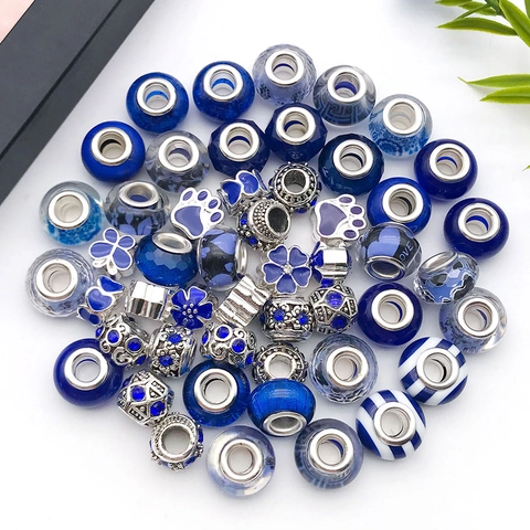 Mixed Blue Resin Alloy Enamel Large Hole Beads For DIY Jewelry Making Rhinestone Charms Set For Bracelet Necklace Accessory