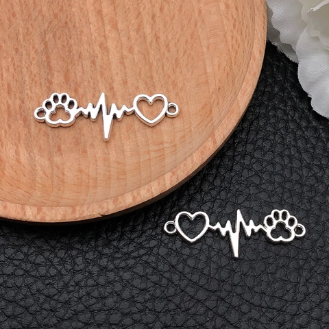 Antique Silver Alloy Heart ECG Paw Print Connector Charm For DIY Jewelry Making Handmade Accessories Double Hole Pendant