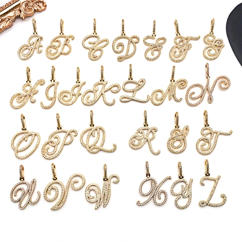 Hip Hop Gold Plattiert Legierung Schreibschrift Englisch Buchstaben Anhänger Luxus Strass Eingelegt Alphabet Charms Für DIY Halskette Schmuck Zubehör