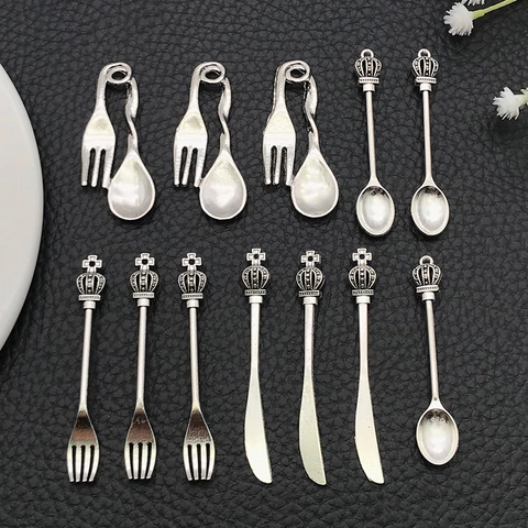 Vintage Alloy Cutlery Pendant DIY Jewelry Findings Crown Knife Fork Spoon Antique Silver Miniature Tableware Charms Accessory